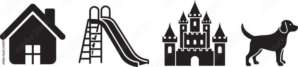 Fototapeta premium Black silhouette of house church bell and running man rope