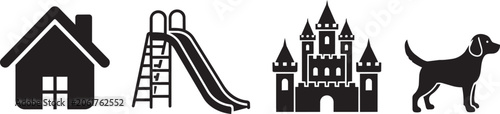 Black silhouette of house church bell and running man rope