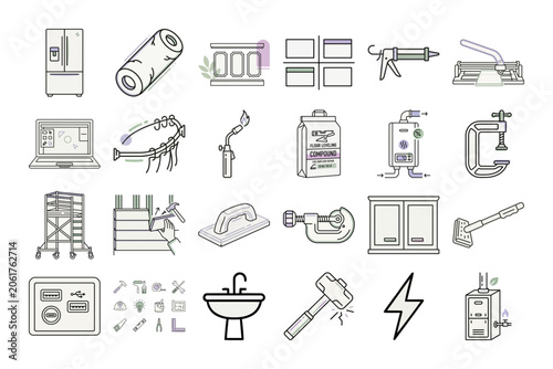 Home Renovation Thin Line Icons Set or Home Improvement and Construction Line Art Vector Set