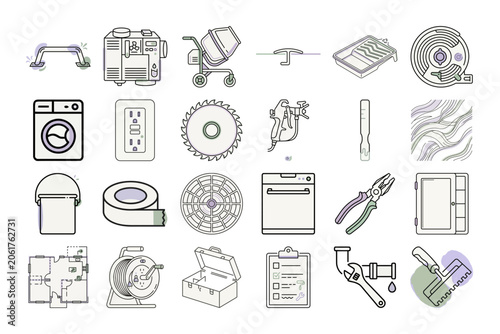 Home Renovation Tools Flat Design Icon or Home Improvement Construction Line Art Pictogram