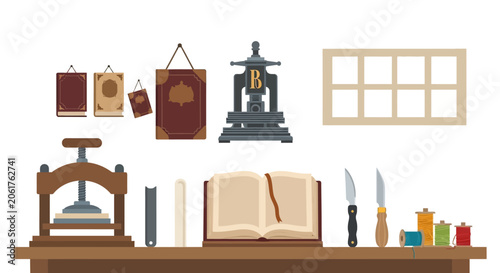 Foto Vintage Bookbinding Workshop Tools and Supplies