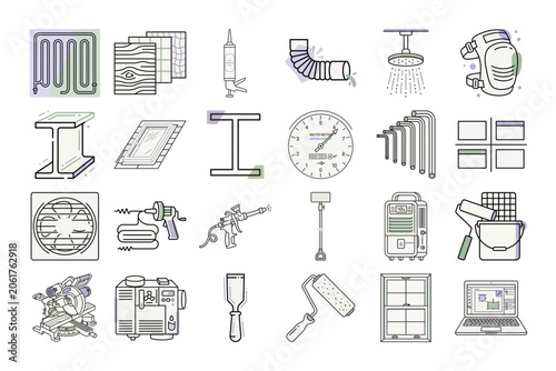 Home Renovation Tools Line Art Icon Set or Minimalist Home Improvement Equipment Vector Icons