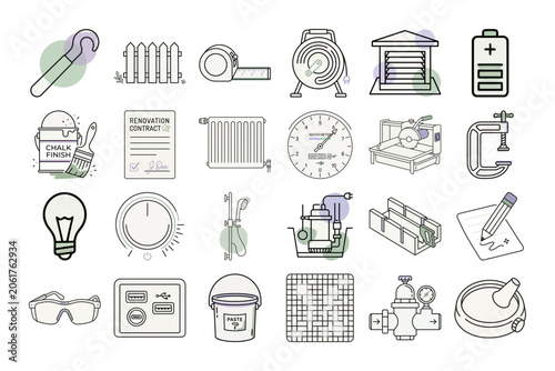 Home Renovation Tools Line Art Icon Set or House Repair Supplies Outline Vector Graphics