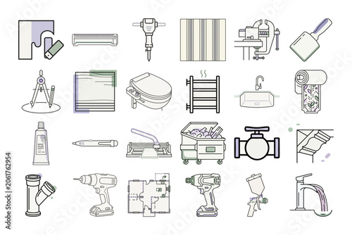 Home Renovation Tools Line Art Icons or Construction Equipment Thin Line Symbols