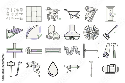 Home Renovation Tools Line Art Icons or Home Improvement Construction Equipment Minimalist Icons