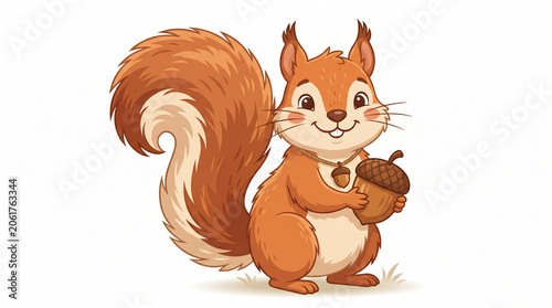 Whimsical Squirrel with Acorn: A charming cartoon squirrel, with a bushy tail and a cheerful expression, holds a single acorn, rendered in a delightful illustration style.