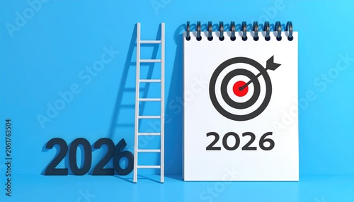 Ladder leaning against blue wall with 2026 calendar and target icon, close-up concept
