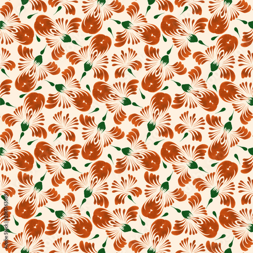 Vector floral seamless pattern from hand painted marigold flowers on a beige background