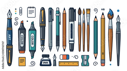 Schilderij op canvas Art Supplies Collection: Pens, Pencils, Brushes, Markers, Ink, Ruler, Sharpener
