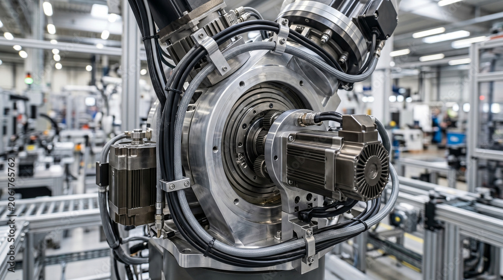 Obraz premium Industrial robotic arm close-up in factory