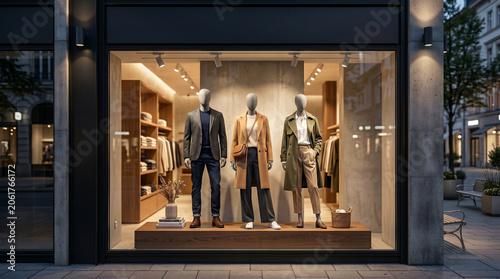 Modern clothing store window display with mannequins