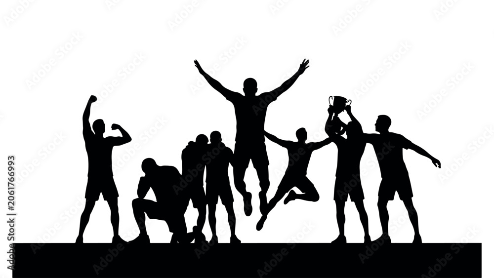 Fototapeta premium Black silhouettes of professional soccer players celebrating championship win with trophy and jumping in joy isolated on transparent background concept art.
