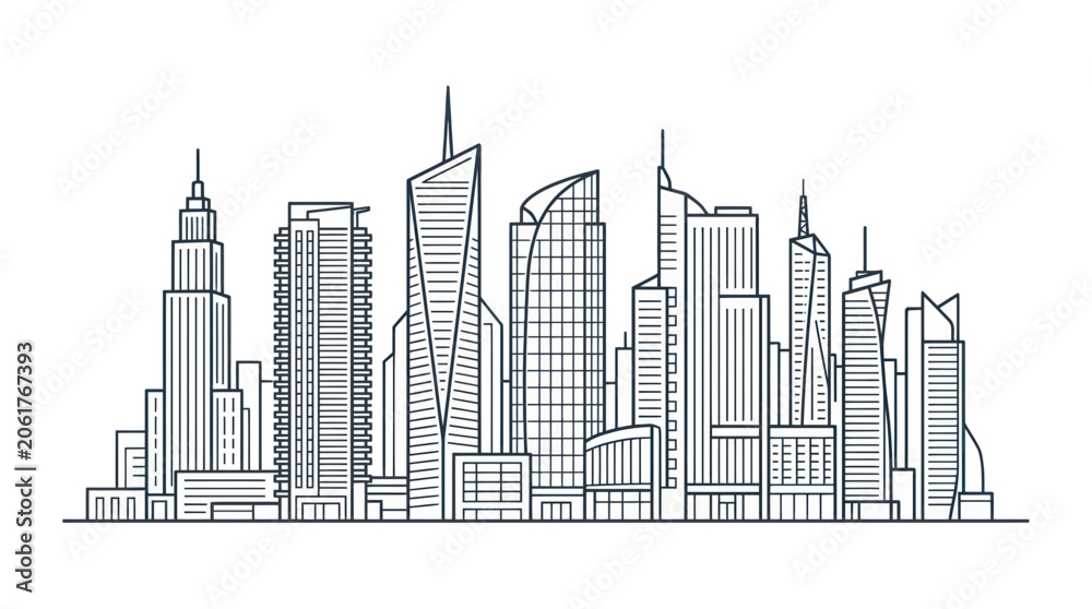 Obraz premium Modern City Skyline Outline Drawing - Business District Architecture