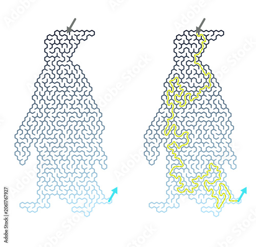 Abstract representation of a penguin in the form of solved maze vector