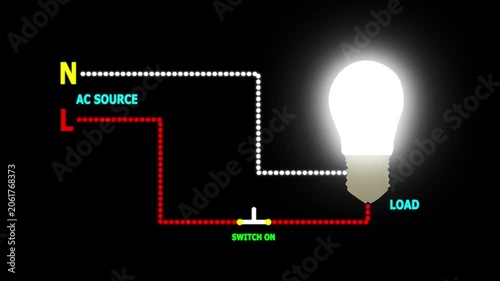 AC Light Switch Circuit Diagram with Glowing Bulb and Electron Flow Direction | Electrical Education Animation 4K,