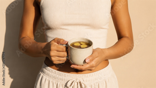 woman holding ceramic mug with hot ginger tea. Healthy lifestyle and wellness concept. Natural morning beverage for immunity boost and detox to promote body health and relaxation