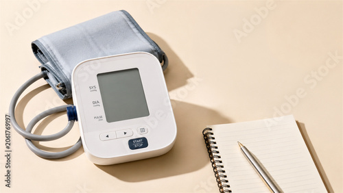 digital blood pressure monitor with cuff and notebook on table. Medical device for checking heart health and hypertension at home. Healthcare diagnostics and wellness monitoring equipment