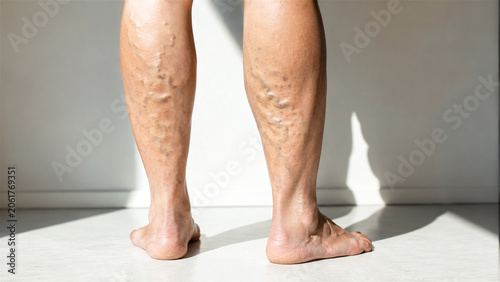 close-up of adult male legs with visible varicose veins on the calves. Medical condition concept