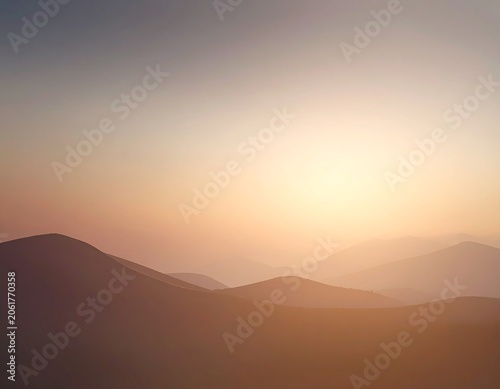 A serene mountain range at sunrise with warm orange hues