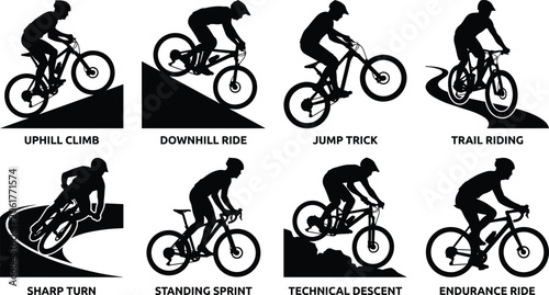 Obraz na plátně Set of cycling silhouette vector illustrations featuring uphill climb, downhill