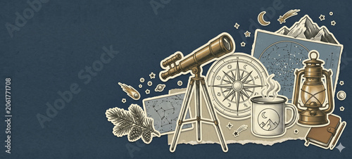 Stargazing Adventure Scene with Telescope Star Map and Camping Gear for Outdoor Travel Banner Design