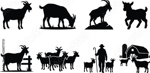 Bild auf Leinwand Set of goat farming silhouette vector illustrations featuring standing goats, gr
