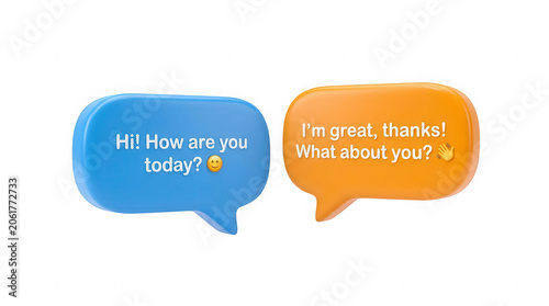 Chat bubbles with text hi how are you today and im great thanks.