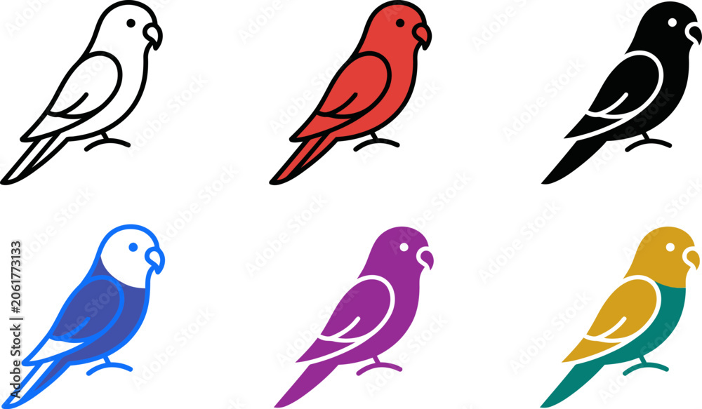 Obraz premium Colorful parrot bird icons in different colors and line art styles various parrots