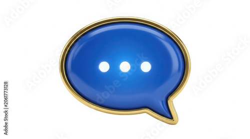 3d render blue speech bubble icon with three dots and golden border on transparent background for chat communication.