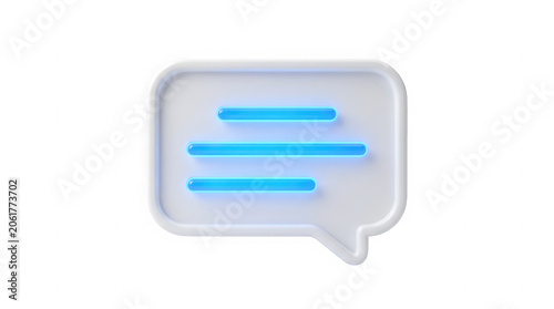 3d render of white speech bubble with glowing blue horizontal text lines isolated on transparent background.