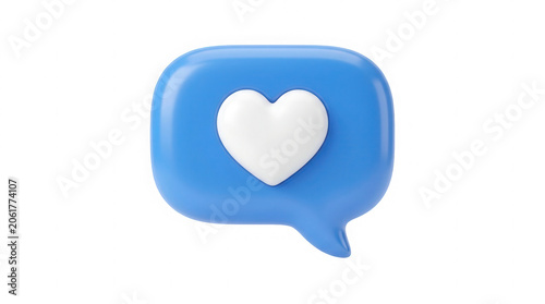3d render of blue speech bubble with white heart icon inside on transparent background.