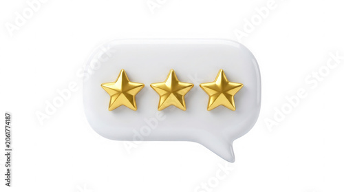 White speech bubble with three gold stars on transparent background symbolizing rating feedback and review.