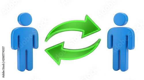 3d render of two blue human figures with green arrows in between, representing exchange.