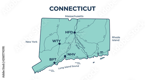 Foto Map of Connecticut with major cities and borders, US state illustration