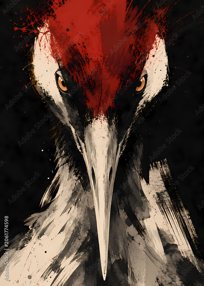 Fototapeta premium Intense Red Crowned Crane Ink Portrait
