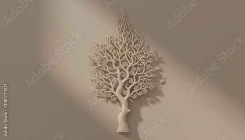 Wall sculpture featuring a wooden tree with intricate spiral branch patterns mounted on a plain neutral beige background surface