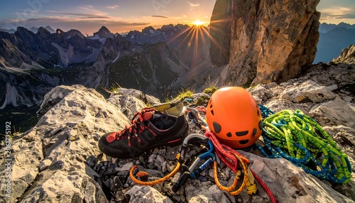 A serene mountain sunrise scene with climbing gear on a rocky outcrop