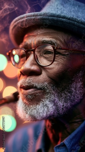 Elderly musician smiling while playing saxophone in smoky club. Jazz Appreciation Month