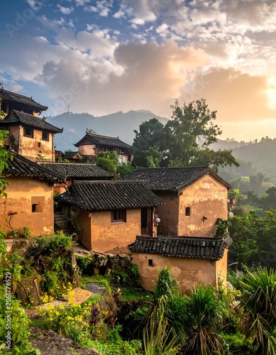 A serene village nestled in a lush valley with traditional architecture
