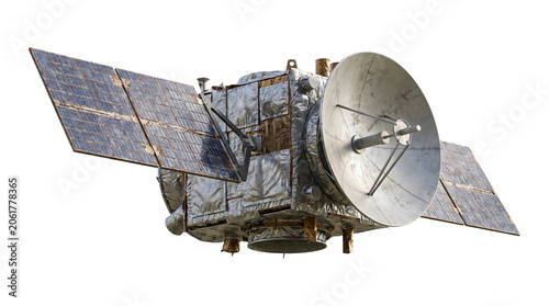 Foto Communications satellite with solar panels and parabolic dish isolated on transparent background png image
