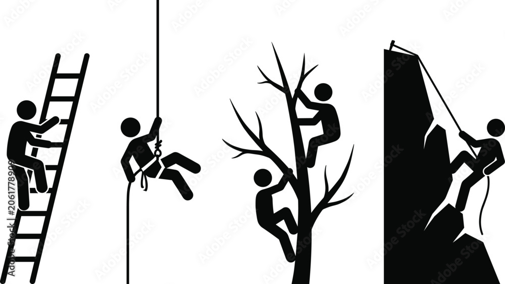 Naklejka premium Climbing activities and height safety icon set with stick figure silhouettes scaling ladder rope tree and mountain vector illustration