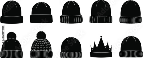 Fotografie Collection of winter beanie hats and crown silhouettes in black color on white b