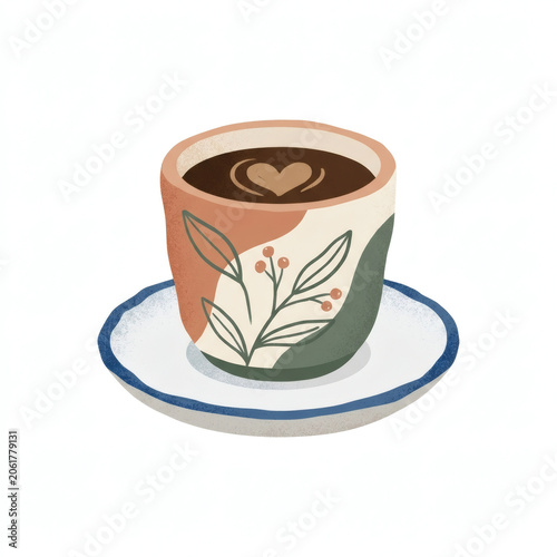 Illustrated coffee cup with heart latte art and botanical pattern on saucer