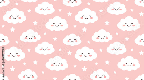 Cuadro en lienzo Cute white clouds seamless pattern with happy smiling faces and little stars on