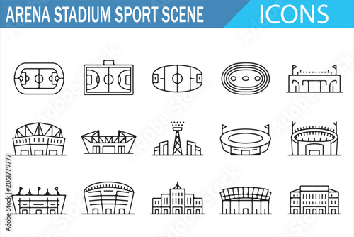 Canvas Print Arena stadium sports scene outline icon set with fields, courts, stands, tracks,
