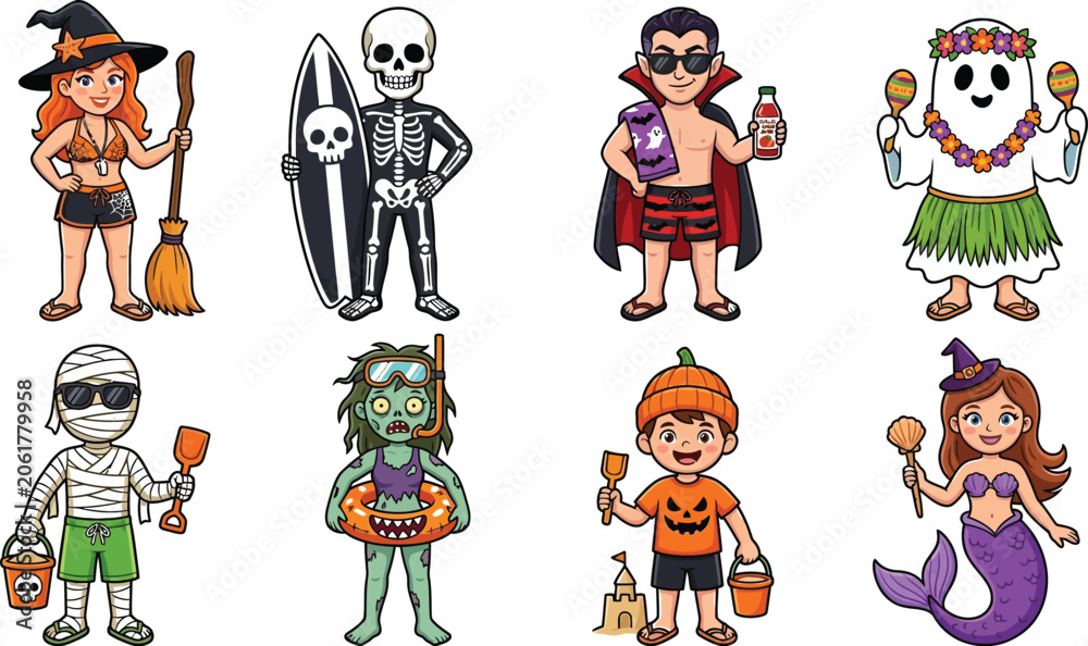 Fototapeta premium Group of costumed characters enjoys a fun tropical beach vacation this summer.