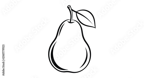 Simple and clean black and white outline drawing of a pear with a single attached leaf, ideal for minimalist designs.