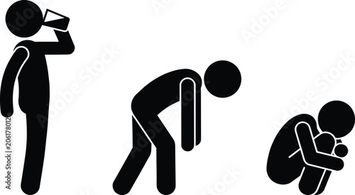 Konstfotografi Physical exhaustion, dehydration, and fatigue icon set with stick figure silhoue