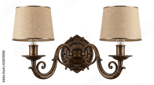 Принти на полотні Vintage style wall sconce with double lamps and antique bronze finish isolated on transparent background