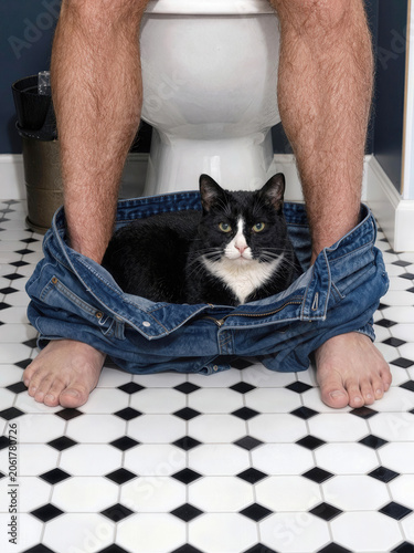 A  black and white cat nestled comfortably in a man's blue denim jeans, creating a humorous moment in the bathroom